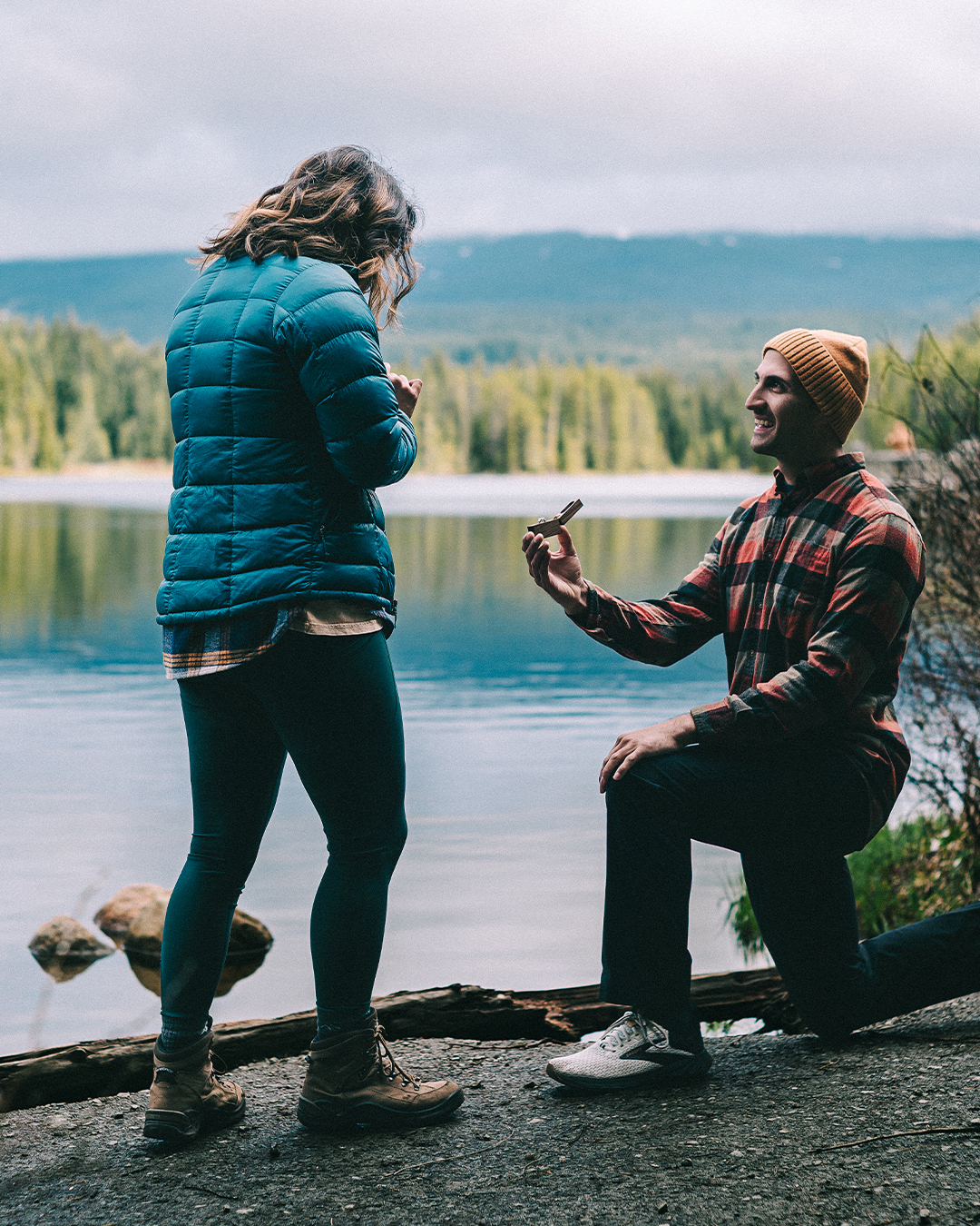 Surprise proposal at Trillium Lake with the view of Mt. Hood — photograph 6 of 10